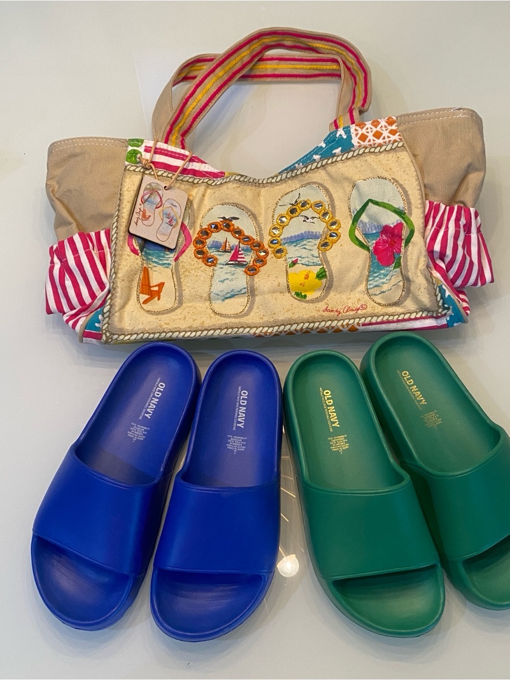 Summer Pool Days Bundle: Sandy Clough Beach Tote Bag & 2 Pairs Old Navy Slides
